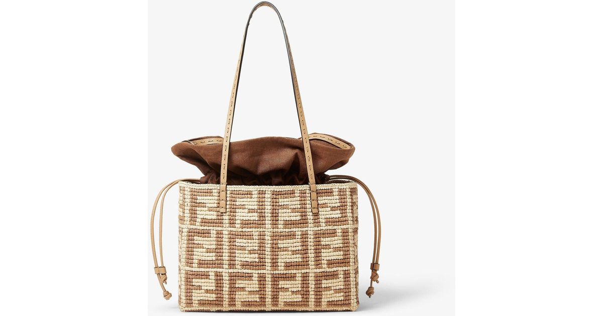 Fendi Embroidered Straw Small Roll Shopping Bag in Metallic