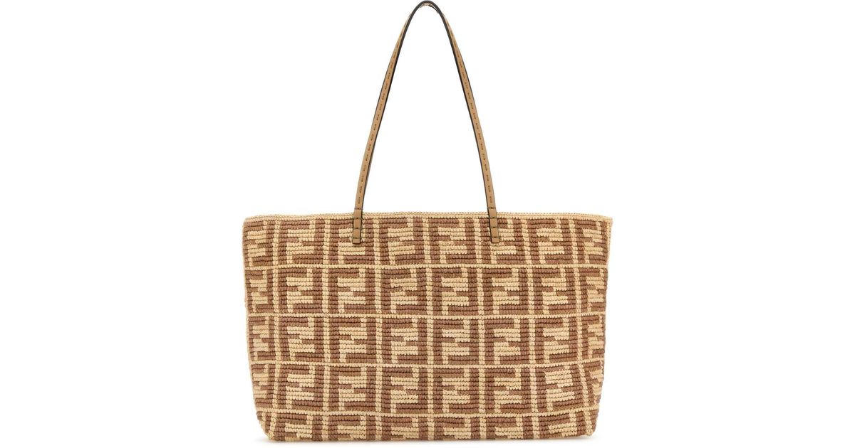 Fendi Embroidered Straw Large Roll Shopping Bag in Brown | Lyst