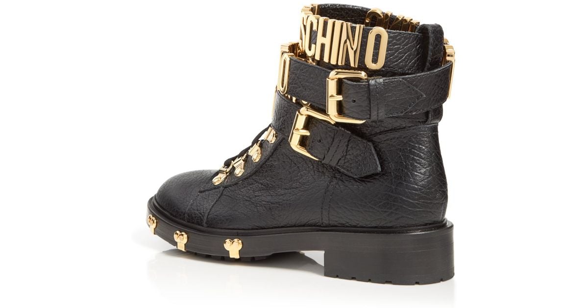 Moschino Leather Boots - Logo Strap Combat in Black | Lyst