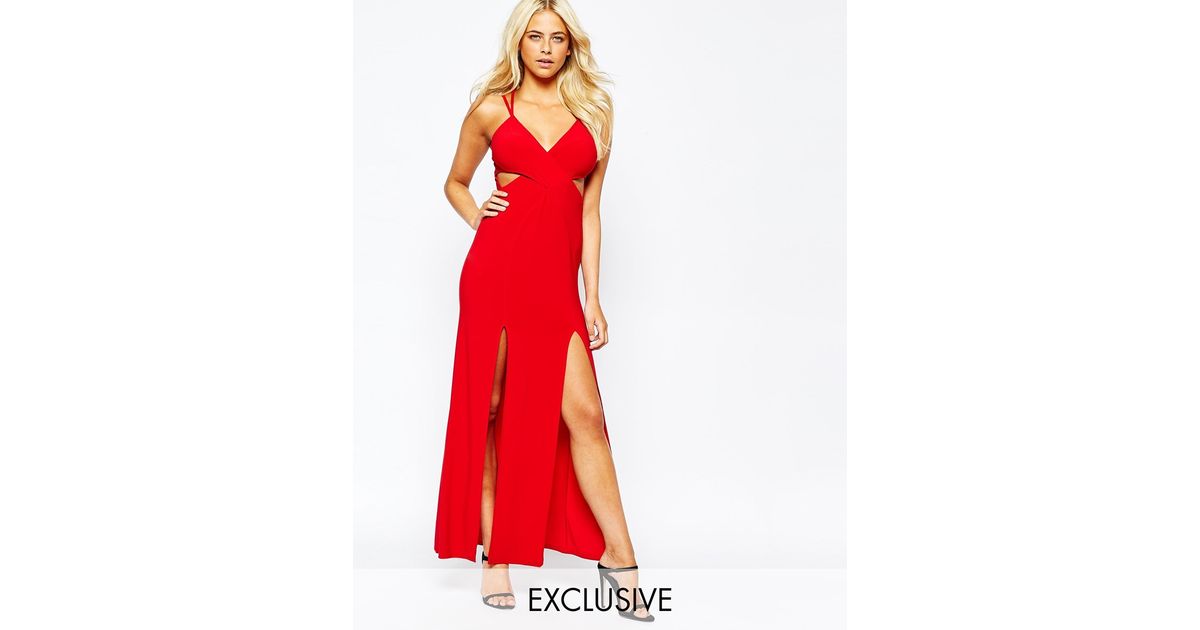 red cami strap maxi dress with thigh split