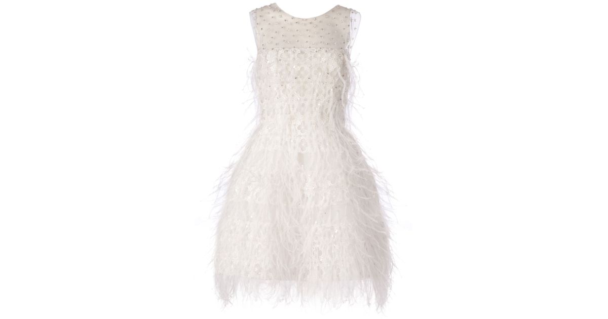Oscar de la Renta Ostrich Feather Embroidered Dress in White | Lyst