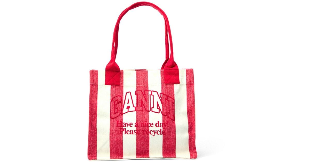 トートバッグ Ganni Women's Small Easy Shopper Tote Striped Red A5974-396 GANNI Women's Small Easy Shopper Bag in Barbados Cherry GANNI