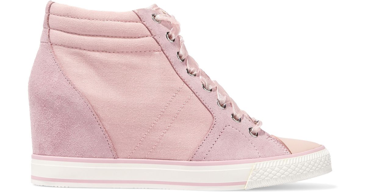 DKNY Cindy Suede And Canvas Wedge Sneakers in Pastel Pink (Pink) - Lyst