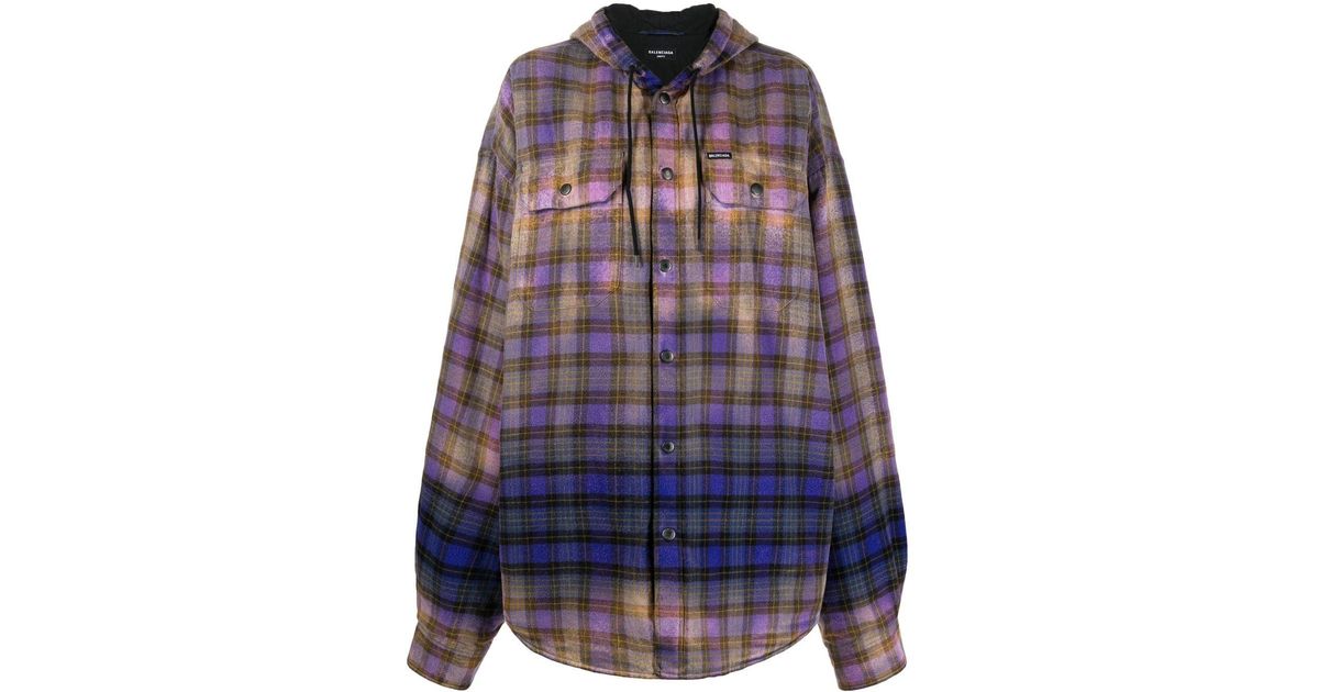 Balenciaga Bleached Plaid Hooded Shirt Purple for Men | Lyst