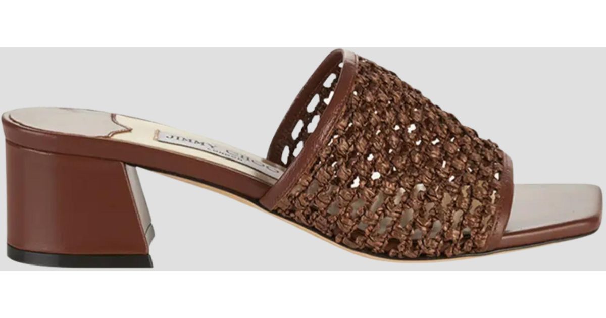 Jimmy Choo Themis 45mm Woven-raffia Block Heel Sandal in Brown | Lyst