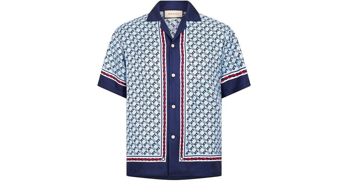 Gucci Geometric Interlocking G Print Silk Shirt In Blue