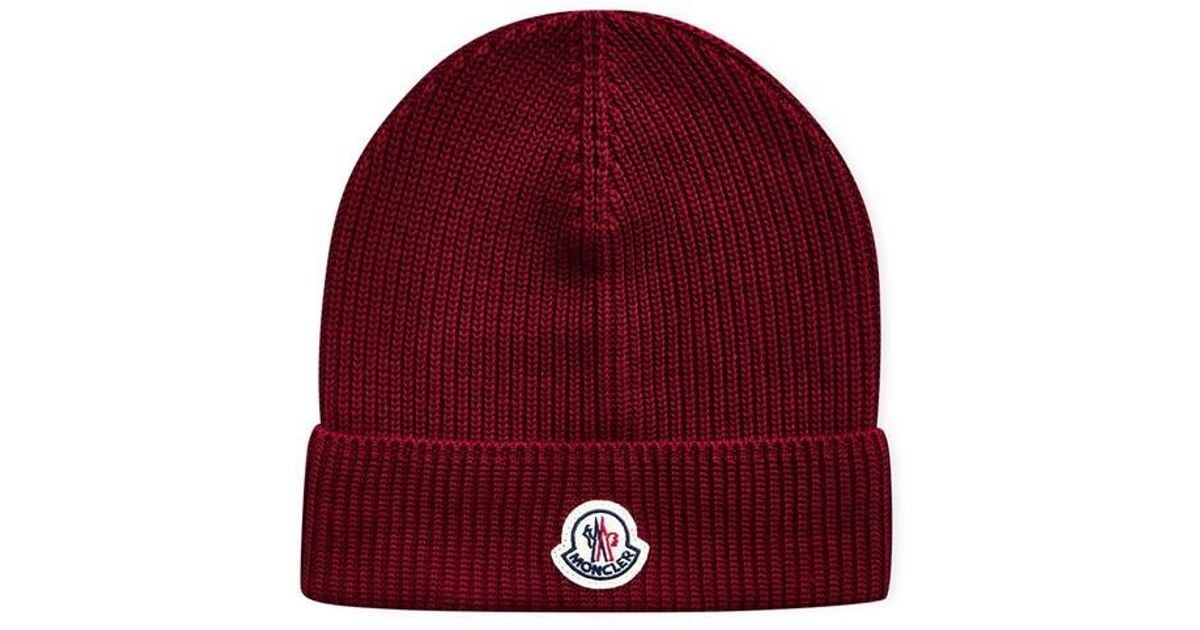 Moncler Brand Patch Ribbed Knit Beanie in Red for Men Lyst UK