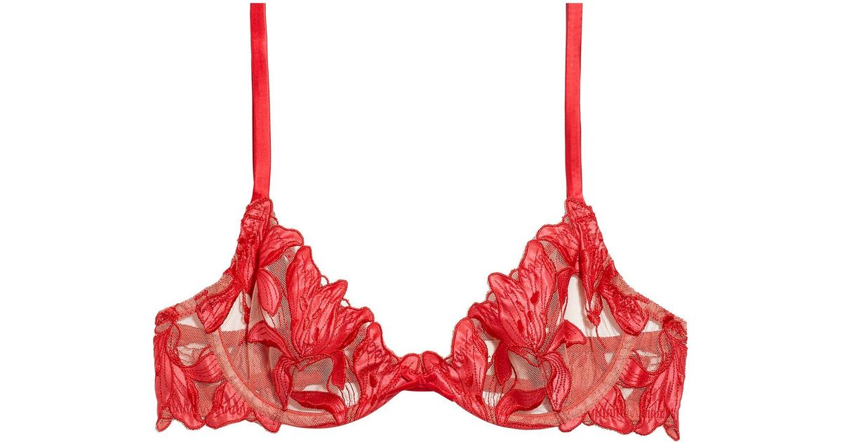 Fleur du Mal Lace Lily Embroidery Plunge Demi Bra in Red Poppy (Red) - Lyst