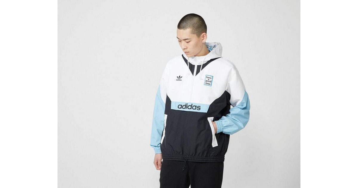 Adidas x Have A Good Time Men Pullover Windbreaker Jacket (white black clear blue) Adidas x Have A Good Time Men Pullover Windbreaker Jacket (white black clear blue)