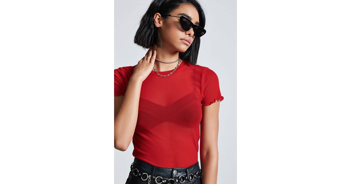 red sheer mesh top