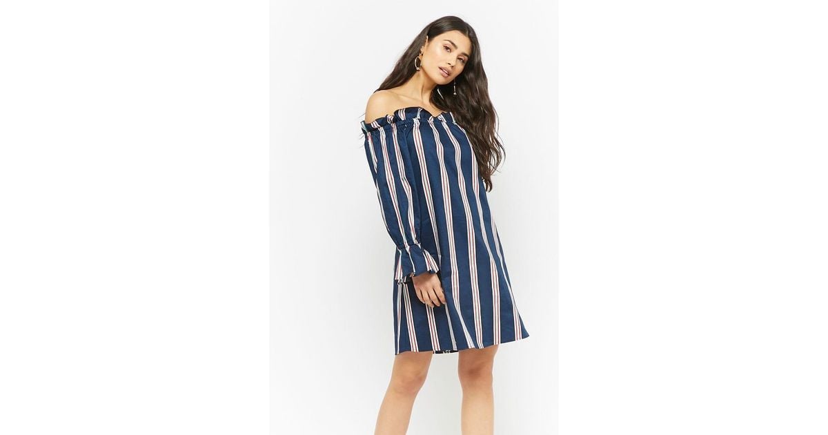 blue striped off the shoulder dress