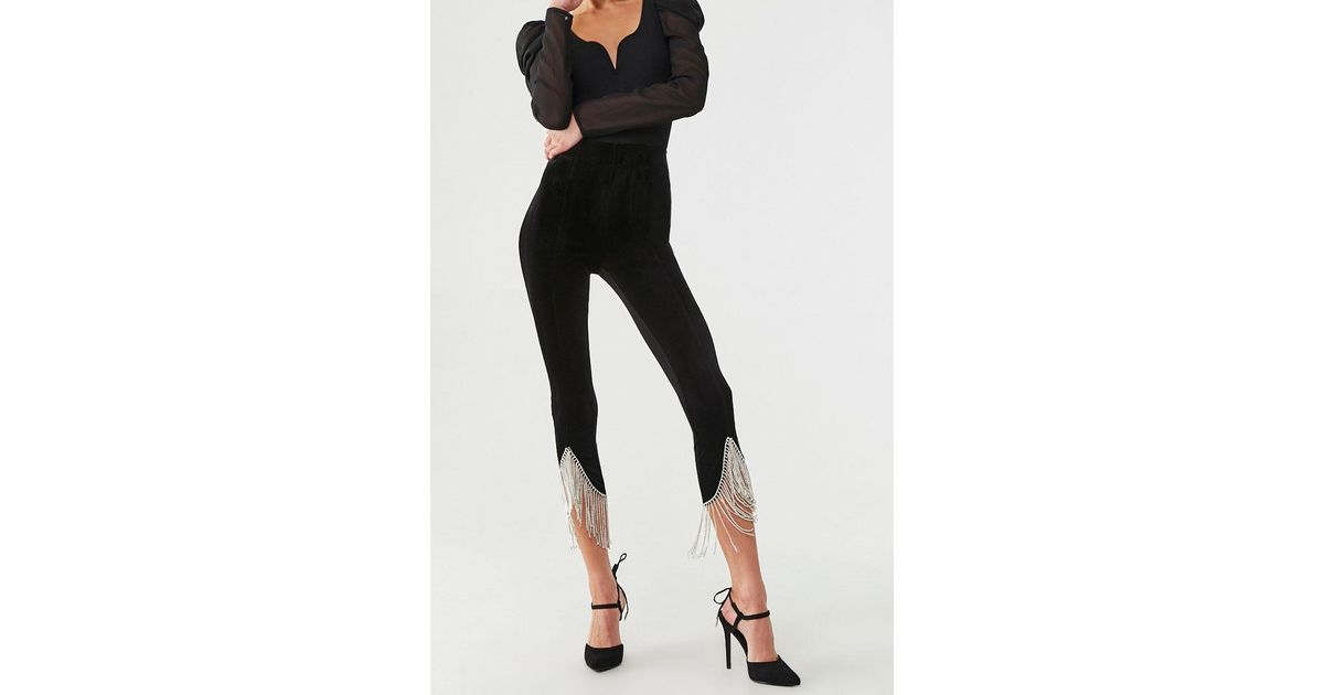 Velvet Rhinestone-fringe Capri Pants 