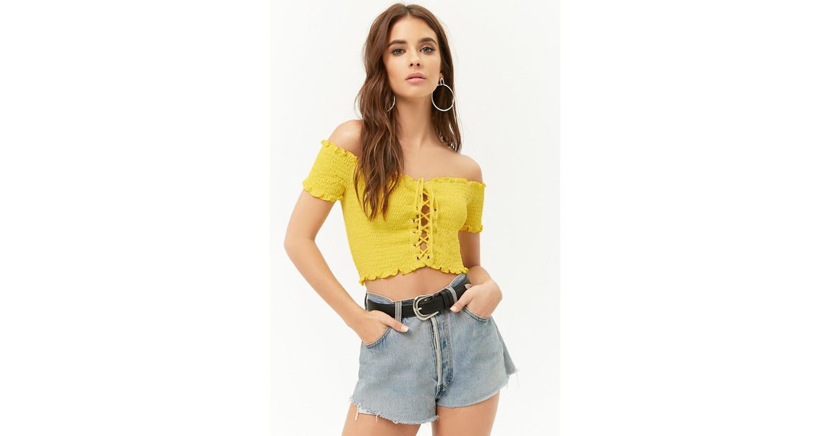 yellow smocked off the shoulder top
