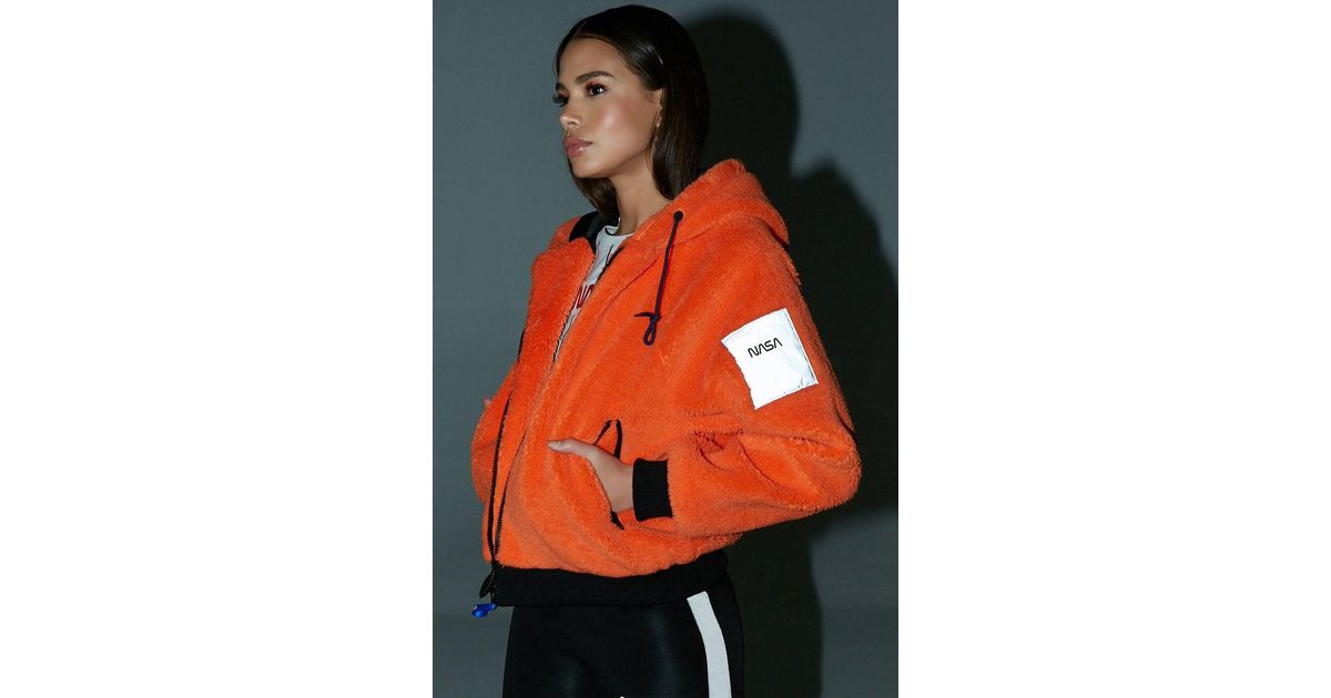 Forever 21 Nasa Hooded Faux Fur Jacket Orange Black