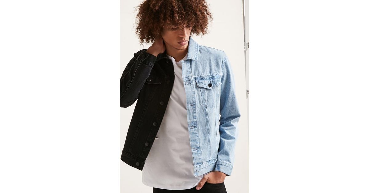 half black and blue denim jacket