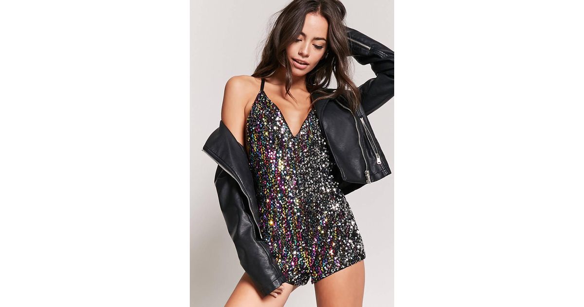 Forever 21 Synthetic Plunging Rainbow Sequin Romper In Black Lyst