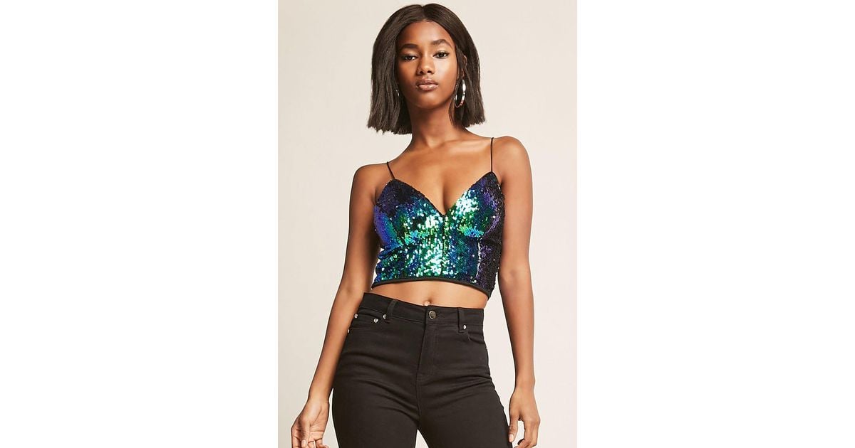 green sequin crop top