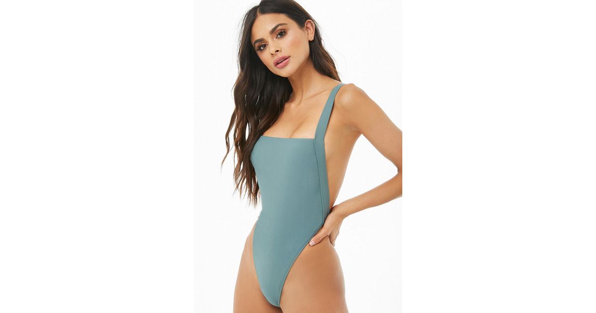 Forever 21 Synthetic Square Neck One Piece Swimsuit In Jade Blue Lyst
