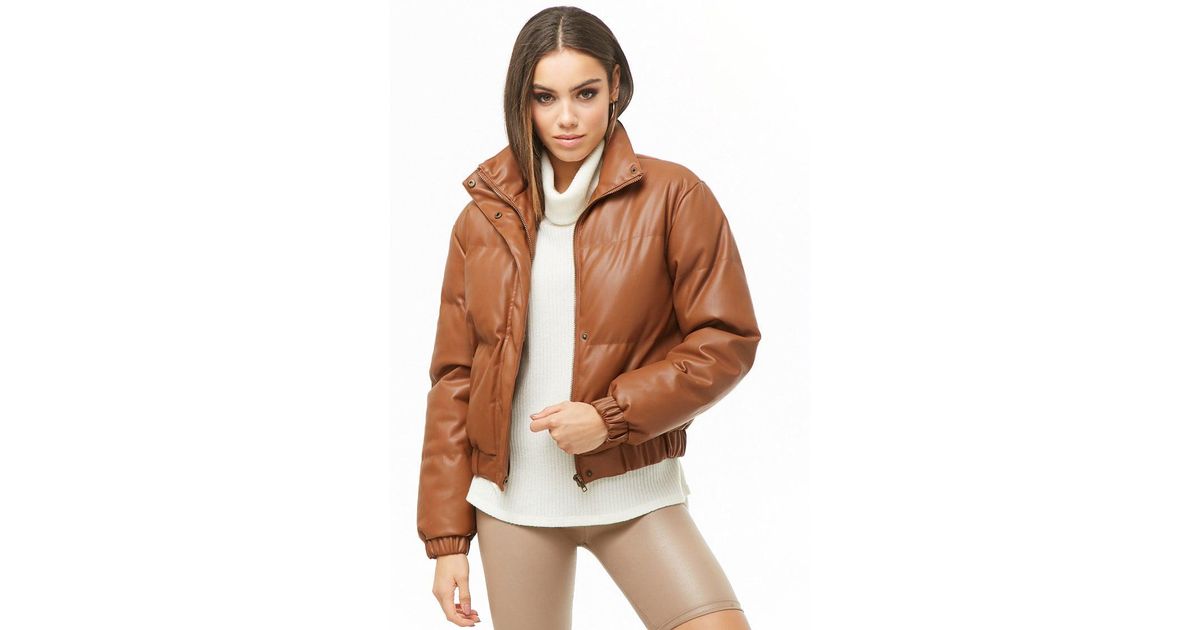 Forever 21 Faux Leather Puffer Jacket in Coffee (Brown) - Lyst