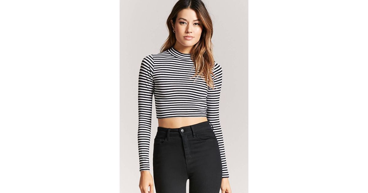 black and white striped mock neck top