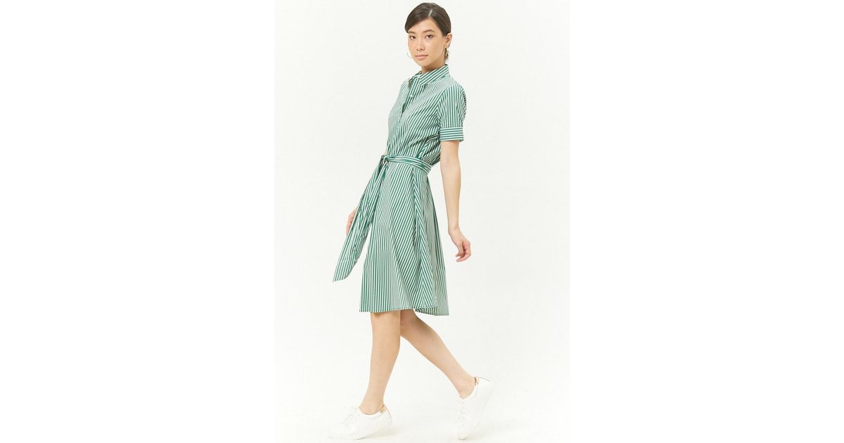 green and white striped shirt dress