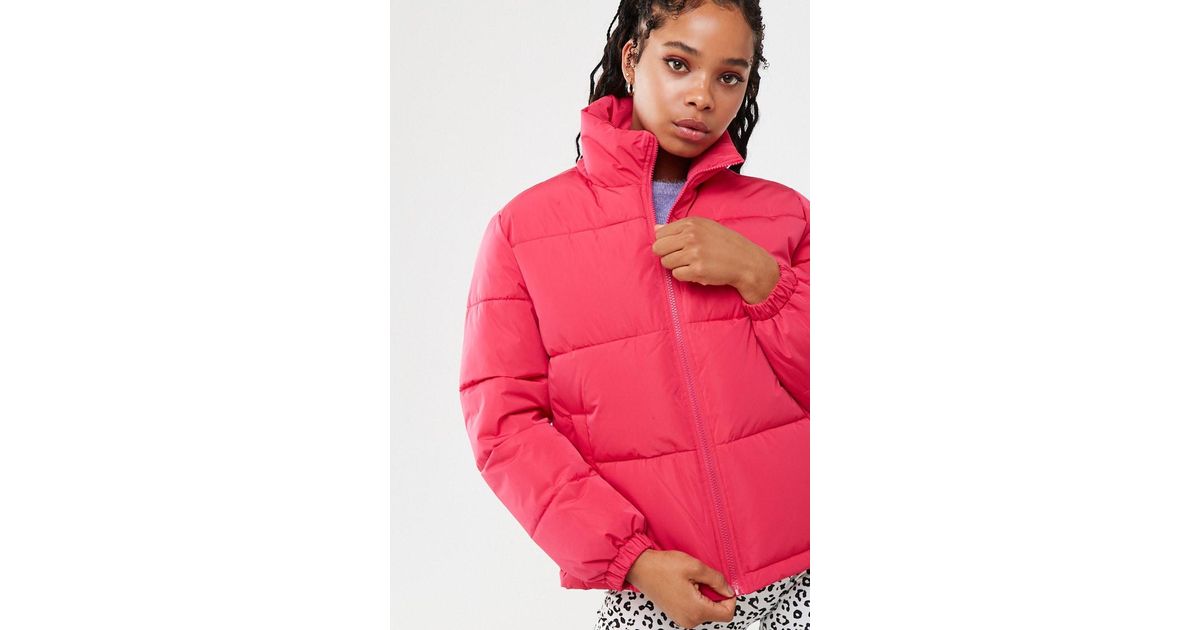 Forever 21 Synthetic Zip Up Puffer Jacket In Hot Pink Pink Lyst