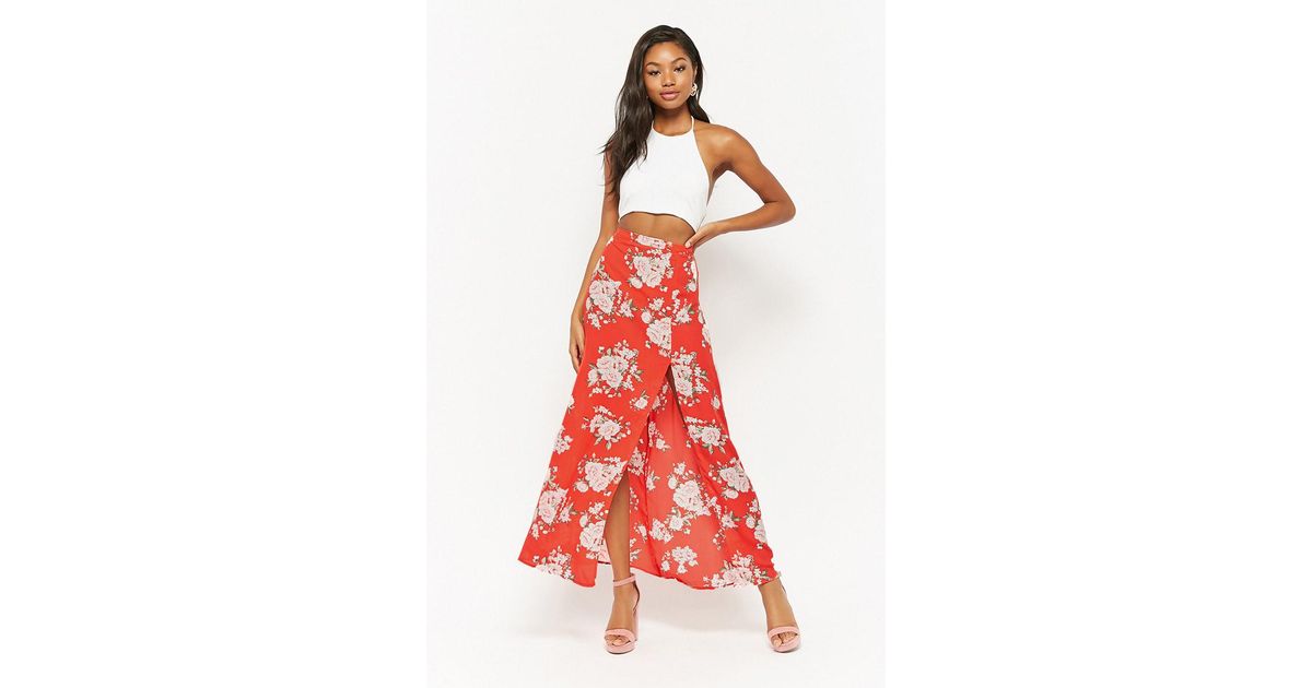 red floral maxi skirt