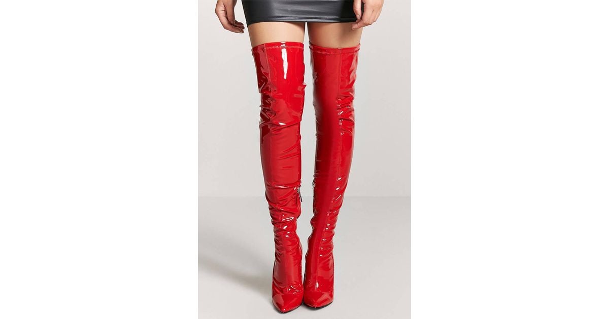 red faux leather thigh high boots