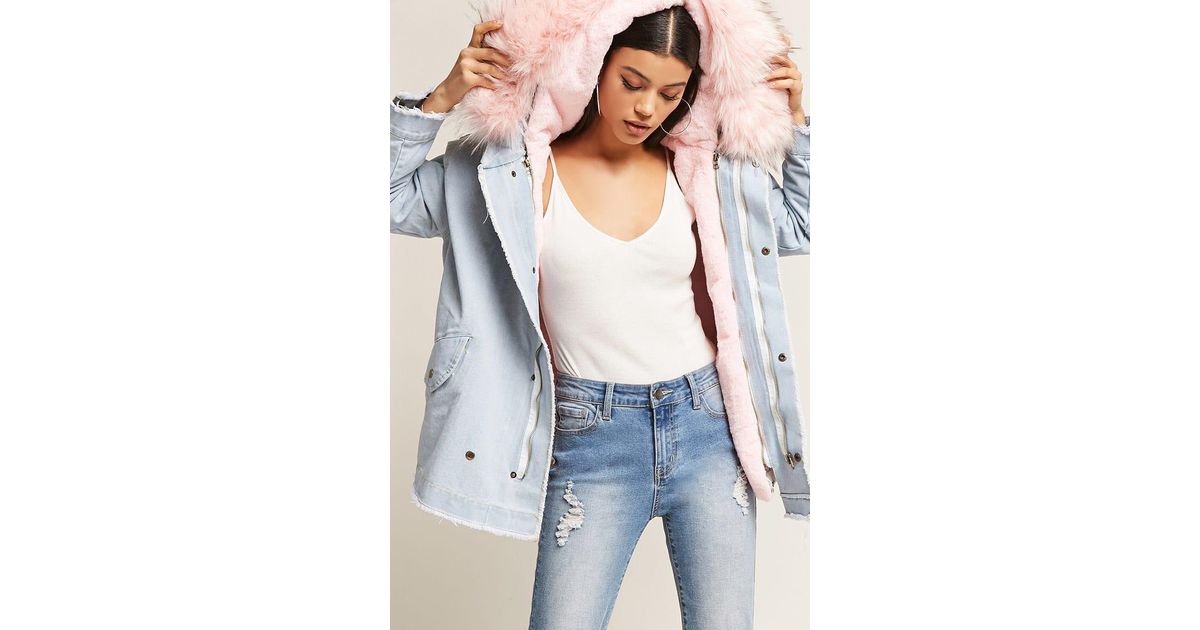 jean jacket with pink fur hood