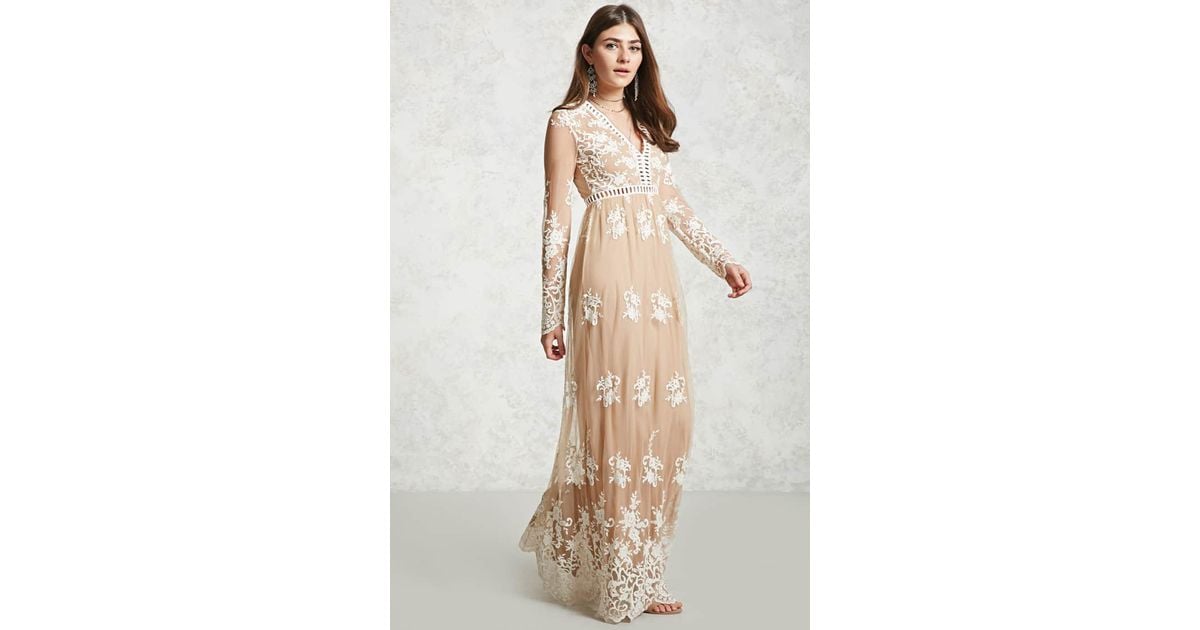 Forever 21 Synthetic Embroidered Maxi Dress In Nude Cream Natural