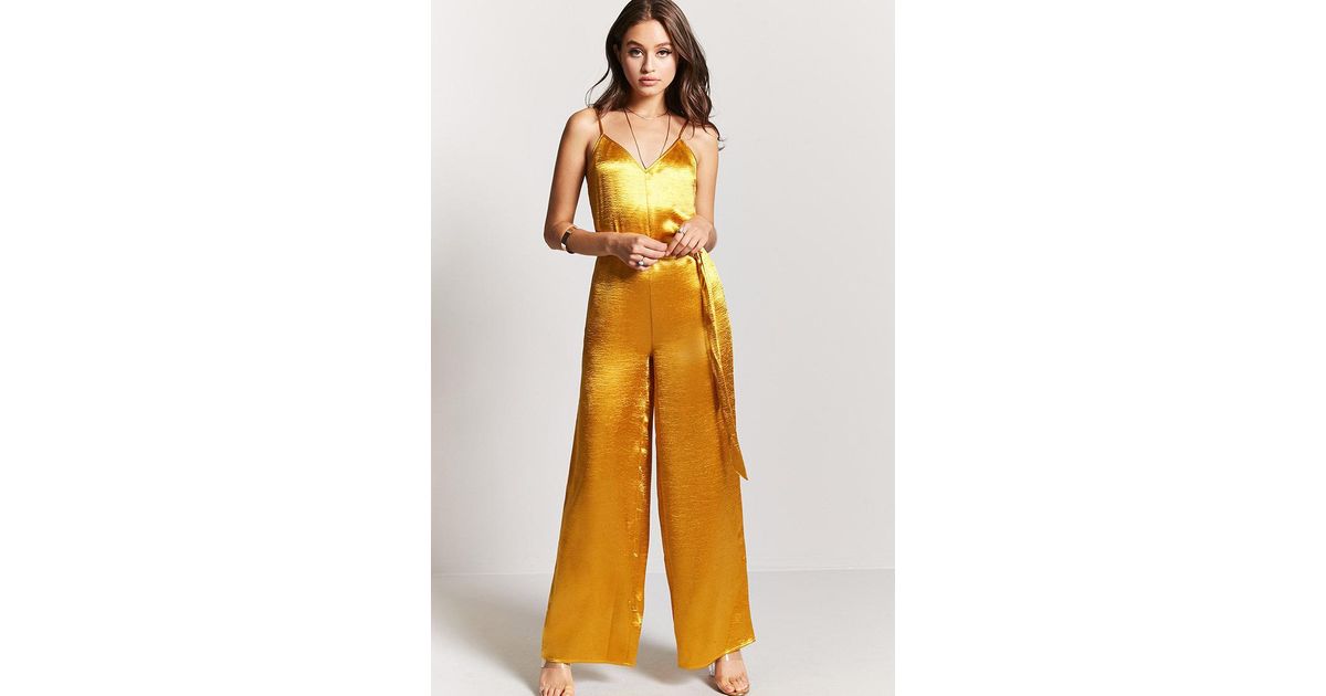 Forever 21 Belted Satin Jumpsuit in Gold (Metallic) - Lyst
