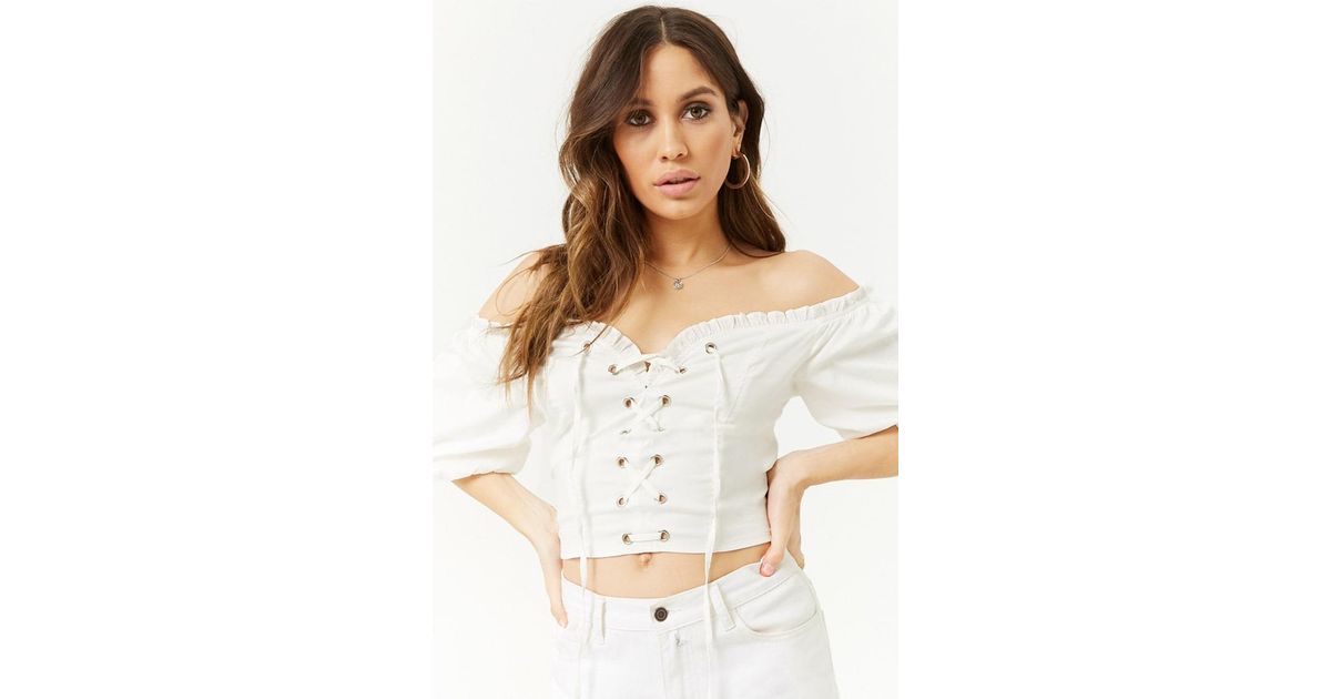 white lace up off the shoulder top