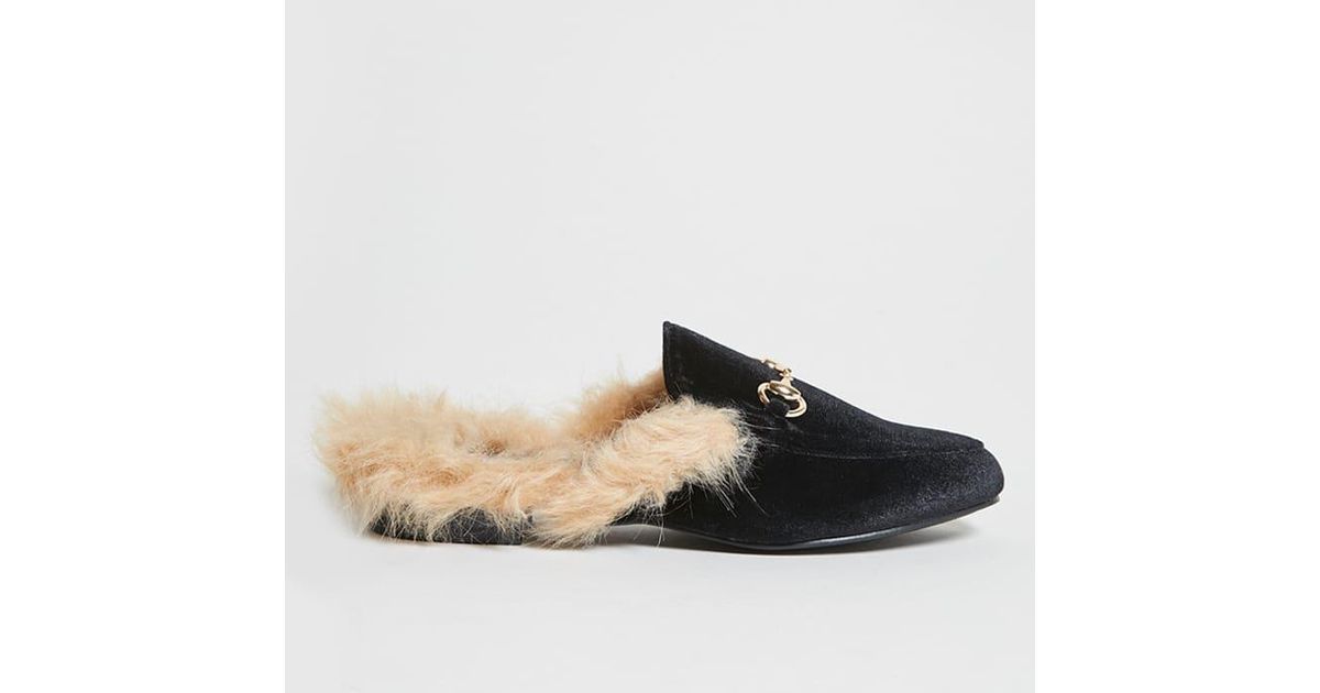 Velvet Faux Fur Trim Loafer Slides 