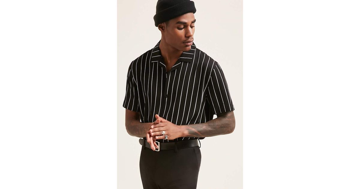 Cotton Pinstripe Cuban Collar Shirt 