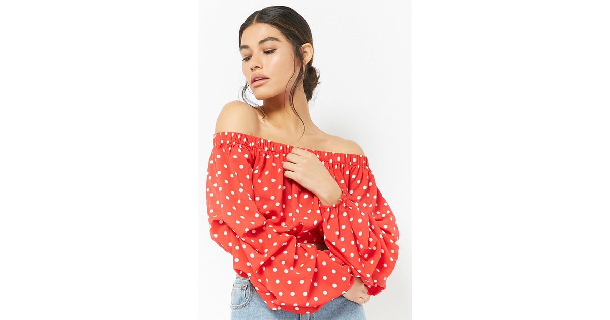 red polka dot off the shoulder top