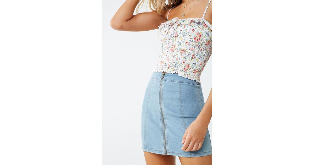 zip front denim mini skirt