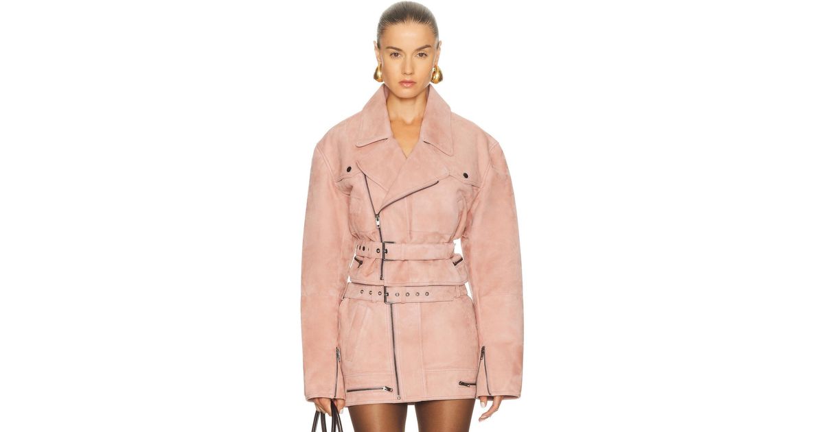 Alex Perry Cropped Suede Biker Jacket in Pink | Lyst