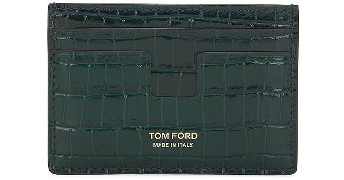 Tom Ford Leather Croc T Line Classic Card Holder in Bottle Green (Green