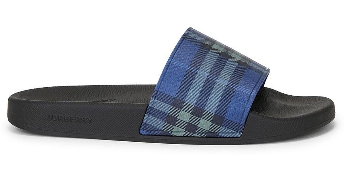 Burberry Furley Check Slides in Blue for Men | Lyst