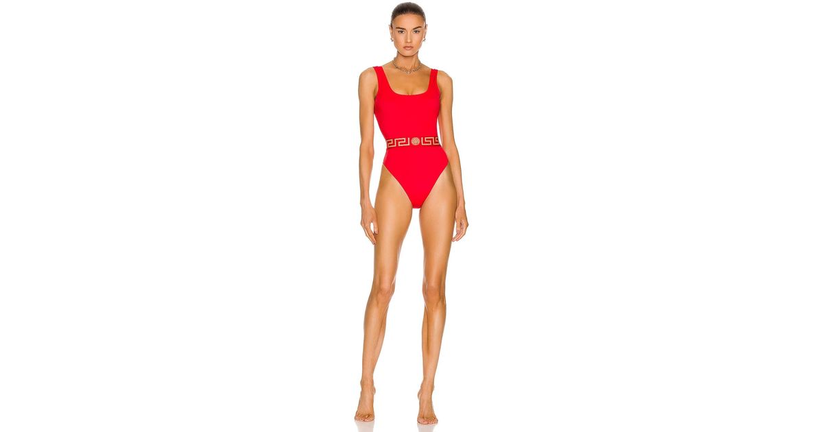 Versace Greca Band One Piece Swimsuit In Red Lyst