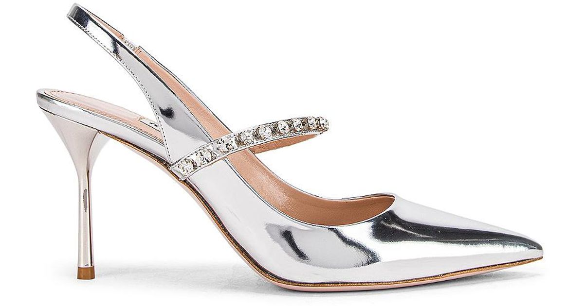 Miu Miu Leather Jeweled Slingback Heels in Silver (Metallic) - Lyst