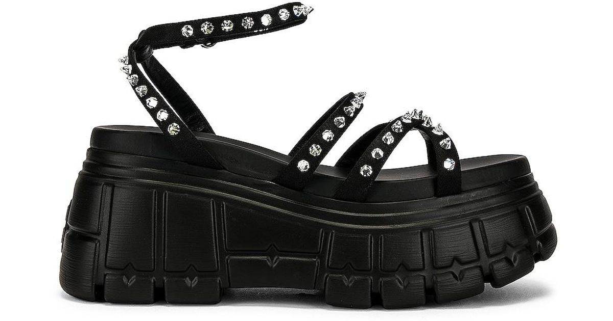 Miu Miu Leather Crystal Platform Sandals in Nero (Black) | Lyst