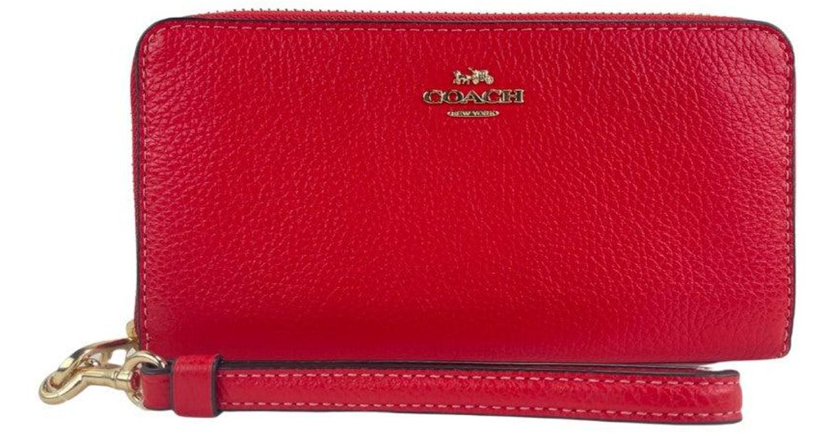 COACH (c4451) Long Miami Red Pebbled Leather Zip Around Wristlet Clutch ...