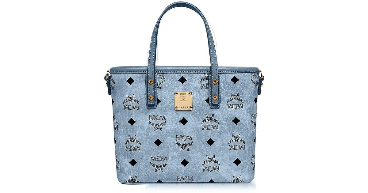 MCM Mini Denim Eco Leather Top Zip Shopping Bag in Blue - Lyst