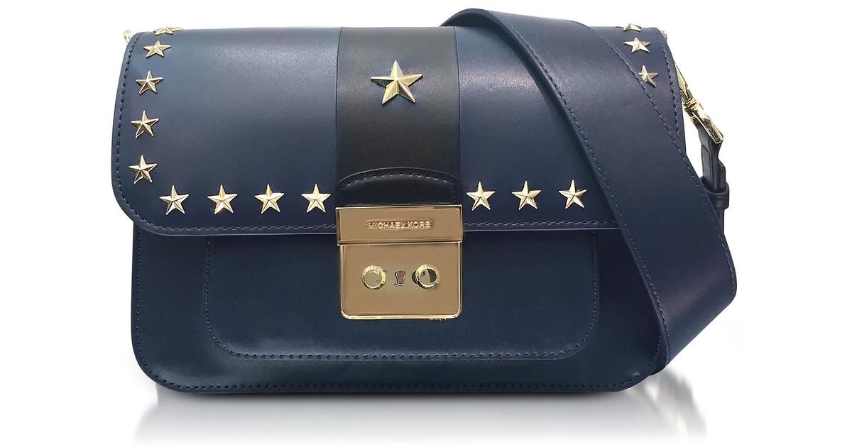 Michael Kors Blue Sloan Editor Large Admiral And Black Leather Shoulder Bag W Stars