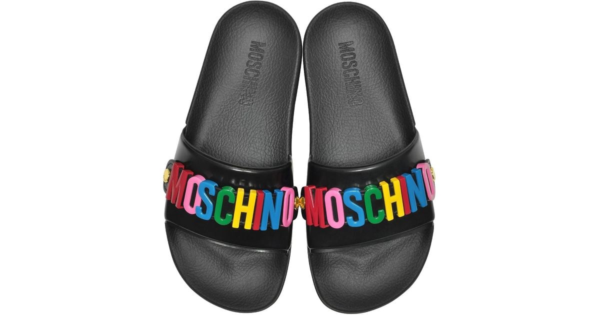 moschino multicolor logo pool sandals