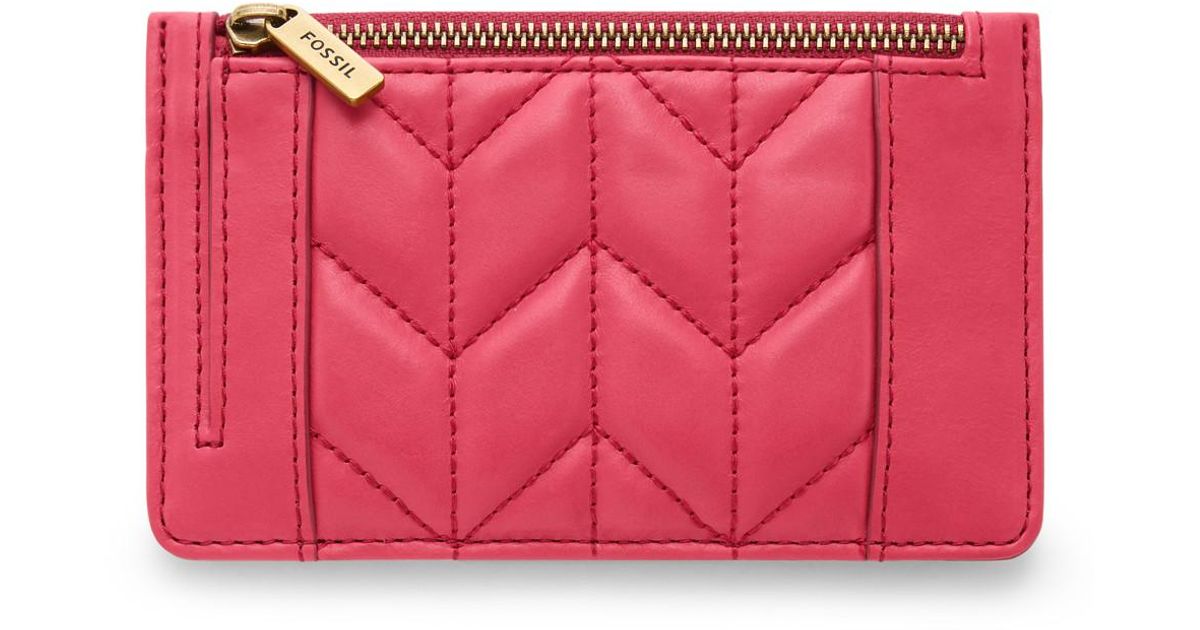 Fossil Leather Logan Zip Card Case in Pink | Lyst