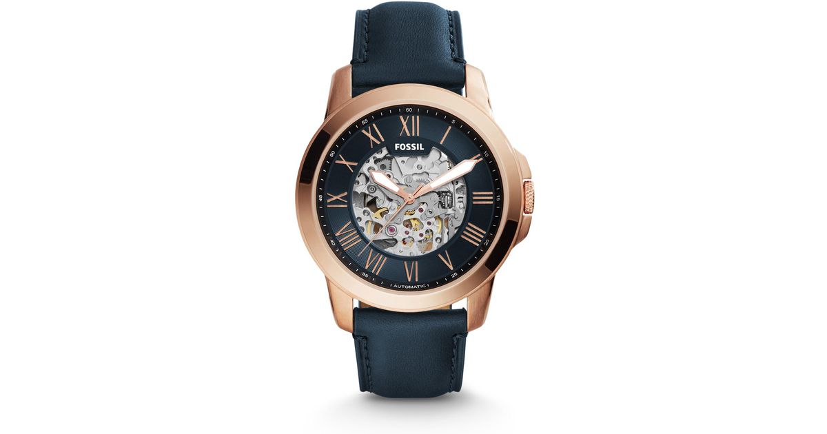 fossil grant automatic blue leather watch