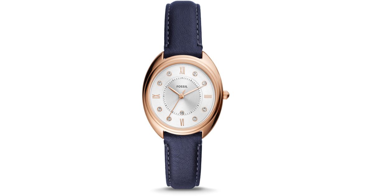Fossil Gabby Threehand Date Navy Leather Watch in Blue Lyst