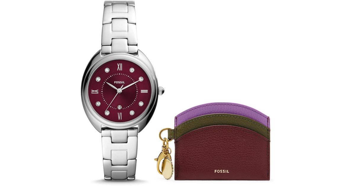 Fossil Leather Gabby Threehand Date Stainless Steel Watch And Card